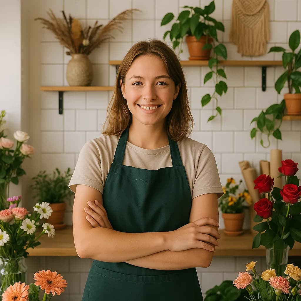 Small business florist smiling in her shop